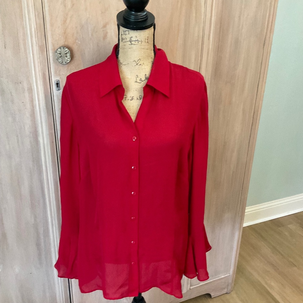 Venezia Jeans Red silk Long Sleeve Button Up Blouse romantic poet sleeve 14/16
